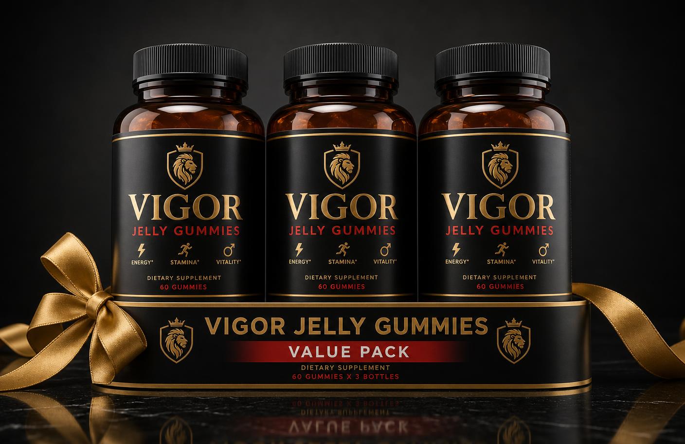 Three-bottle Vigor Jelly Gummies value pack with gold ribbon