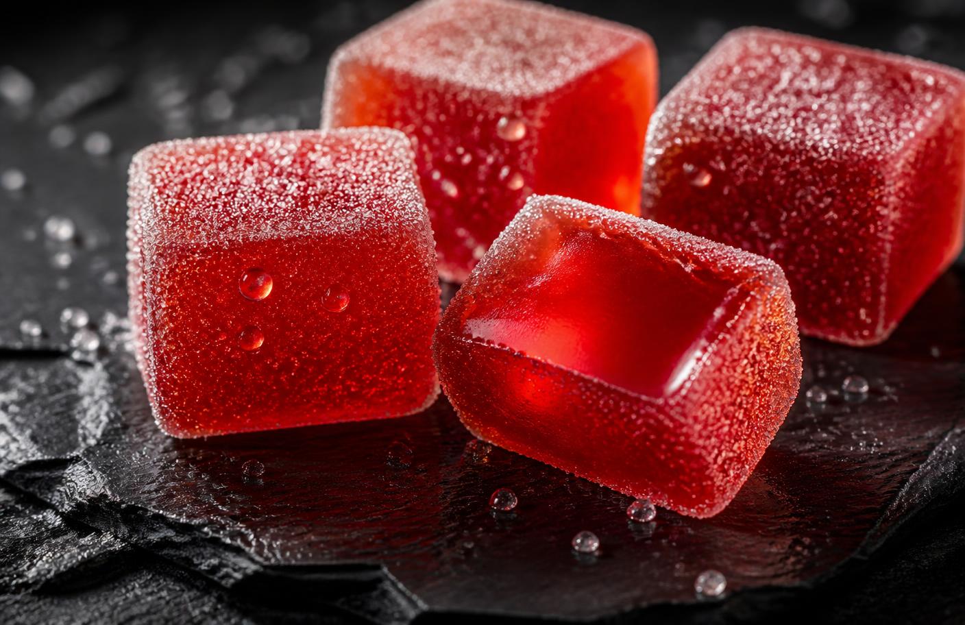 Close-up of translucent red Vigor Jelly Gummies cubes on dark slate