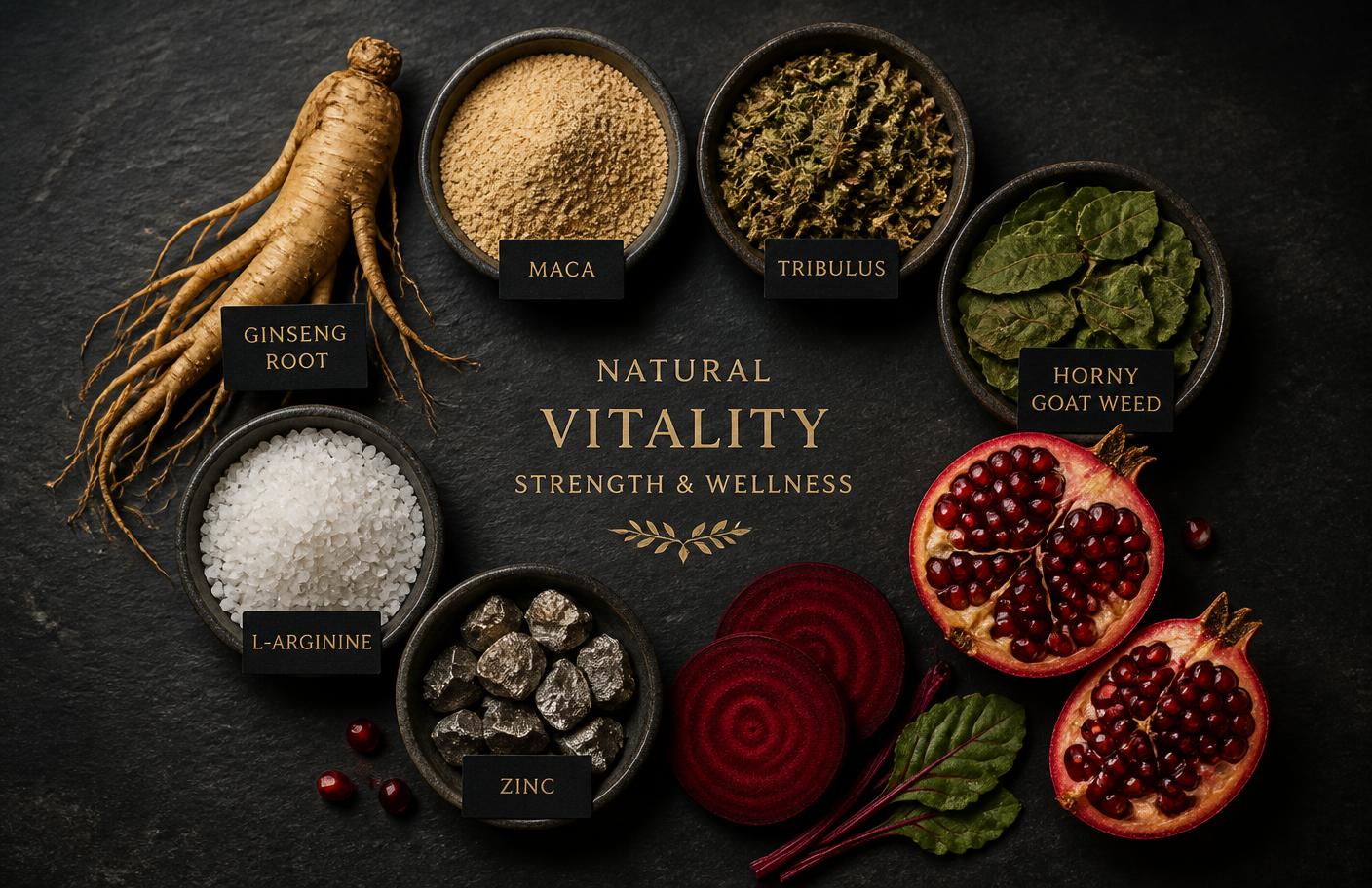 Ginseng root, maca powder, tribulus, horny goat weed, L-arginine, zinc, pomegranate and beetroot laid out on slate