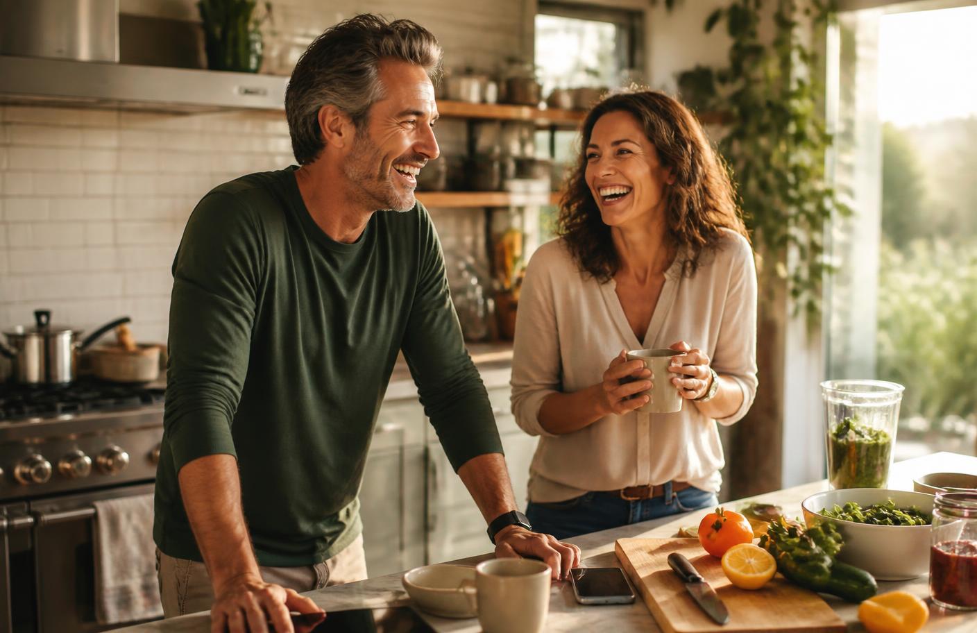 A couple in their forties laughing together in a sunlit kitchen